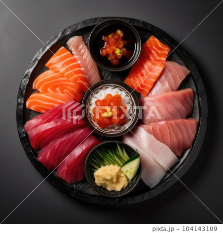 Sashimi platter with salmon, tuna, and cucumber 104143109