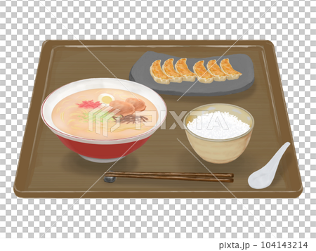 Tonkotsu ramen and gyoza set (brown tray) realistic illustration 104143214
