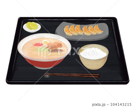 豚骨ラーメン、餃子セット（黒トレイ）　リアルイラスト 104143215