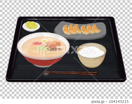 豚骨ラーメン、餃子セット（黒トレイ）　リアルイラスト 104143215