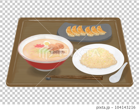 Tonkotsu ramen, dumplings, fried rice set (brown tray) realistic illustration 104143216