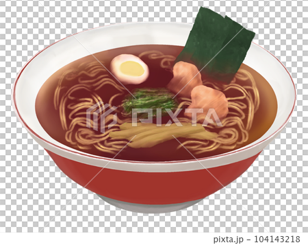 どんぶりに入った醤油ラーメン、リアルイラスト どんぶりに入った醤油ラーメン、リアルイラスト 104143218