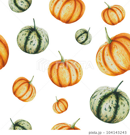 Autumn watercolor isolated seamless pattern with pumpkins white background. Seasonal autumn elements. Thanksgiving, Halloween illustration for designers, scrapbooking 104143243