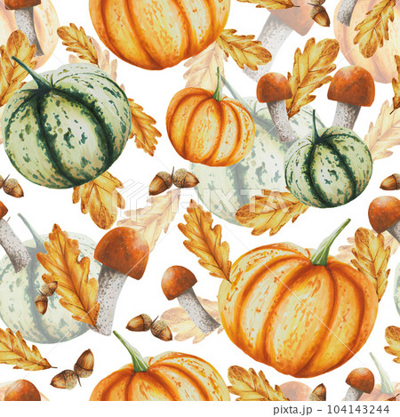 Autumn watercolor isolated seamless pattern with pumpkins, oak leaves, acorns, mushrooms, boletus, porcini mushrooms white background. Seasonal autumn elements. Thanksgiving, Halloween illustration 104143244