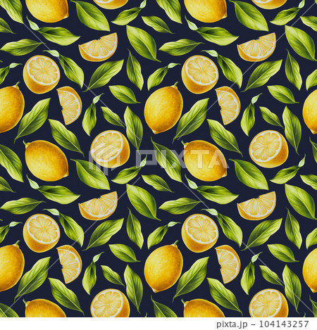 Watercolor seamless pattern with fresh ripe lemon with bright green leaves and flowers. Hand drawn cut citrus slices painting on white background. For designers, postcards, party Invitations, wrapp Watercolor seamless pattern with fresh ripe lemon with bright green leaves and flowers. Hand drawn cut citrus slices painting on white background. For designers, postcards, party Invitations, wrapp 104143257