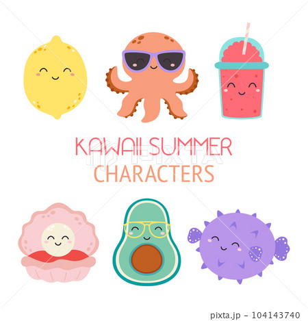 cartoon set of kawaii summer characters isolated cartoon set of kawaii summer characters isolated 104143740