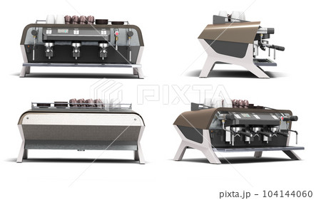 Set of new professional coffee machine in different views 3d render on white Set of new professional coffee machine in different views 3d render on white 104144060