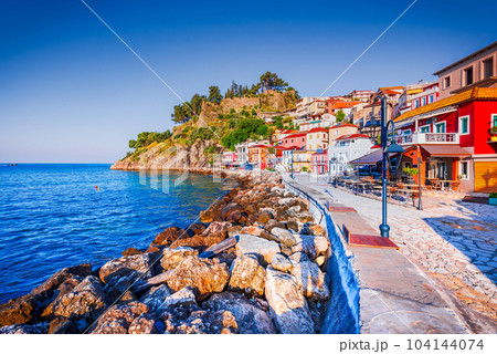 Parga, Greece. Picturesque coastal town in Epirus region, sunrise golden hour. Parga, Greece. Picturesque coastal town in Epirus region, sunrise golden hour. 104144074