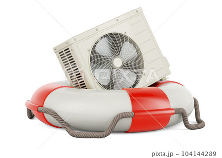 Air conditioner, outdoor compressor unit with lifebelt. 3D rendering Air conditioner, outdoor compressor unit with lifebelt. 3D rendering 104144289