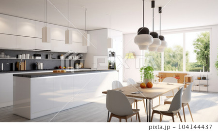 White modern kitchen interior with kitchen White modern kitchen interior with kitchen 104144437