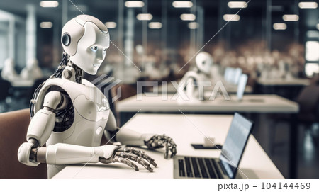close up of a robot using the laptop working in the office 104144469