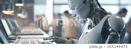 close up of the robot male using a laptop working in the office close up of the robot male using a laptop working in the office 104144471