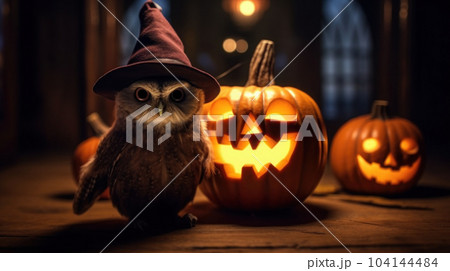 Halloween with pumpkin with owl wearing hat Halloween with pumpkin with owl wearing hat 104144484