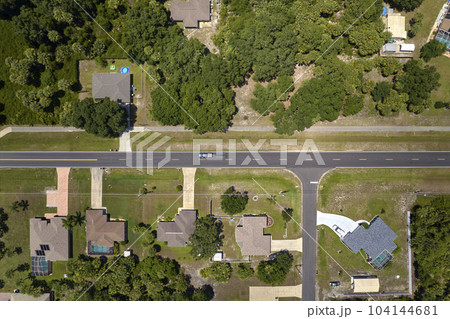 Aerial view of street traffic with driving cars in small town. American suburban landscape with private homes between green palm trees in Florida quiet residential area 104144681