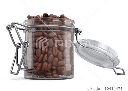 Glass jar with coffee beans isolated on white background. 104144754