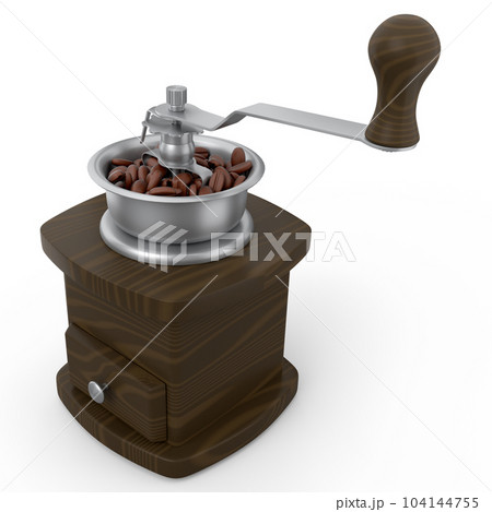 Manual wooden coffee grinder with coffee beans on white background. 104144755