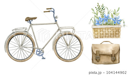 Set with Bicycle, Flowers in wicker basket and leather vintage bag. Hand drawn watercolor illustration of retro city Bike on white isolated background. Drawing of urban vintage transport. Cycle sport. 104144902