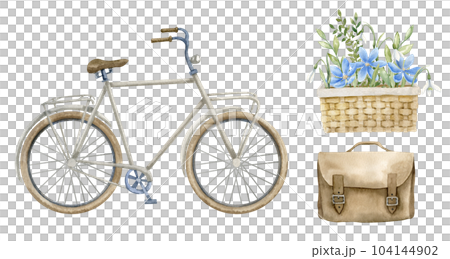 Set with Bicycle, Flowers in wicker basket and leather vintage bag. Hand drawn watercolor illustration of retro city Bike on white isolated background. Drawing of urban vintage transport. Cycle sport. 104144902