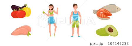 Healthy Diet with Young Man and Woman and Balanced Food Vector Set Healthy Diet with Young Man and Woman and Balanced Food Vector Set 104145258