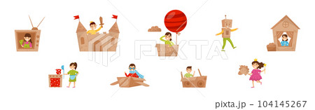 Kids with Cardboard Box Playing Creative Crafted Toy and Game Vector Set Kids with Cardboard Box Playing Creative Crafted Toy and Game Vector Set 104145267