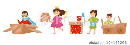 Kids with Cardboard Box Playing Creative Crafted Toy and Game Vector Set Kids with Cardboard Box Playing Creative Crafted Toy and Game Vector Set 104145268