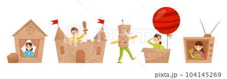 Kids with Cardboard Box Playing Creative Crafted Toy and Game Vector Set Kids with Cardboard Box Playing Creative Crafted Toy and Game Vector Set 104145269