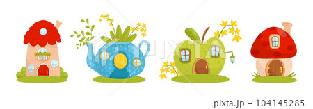 Fantasy Tiny House on Green Lawn in the Garden Vector Set Fantasy Tiny House on Green Lawn in the Garden Vector Set 104145285