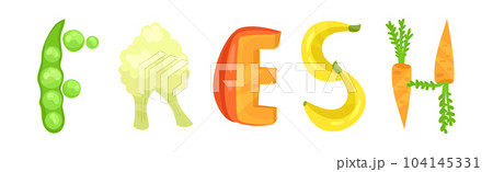 Veggie English Fresh Word with Alphabet Letters Made from Fresh Fruit and Vegetables Vector Set Veggie English Fresh Word with Alphabet Letters Made from Fresh Fruit and Vegetables Vector Set 104145331