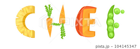 Veggie English Chef Word with Alphabet Letters Made from Fresh Fruit and Vegetables Vector Set Veggie English Chef Word with Alphabet Letters Made from Fresh Fruit and Vegetables Vector Set 104145347