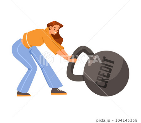 Pressure of Loan with Woman Character Pulling Heavy Kettlebell Vector Illustration 104145358