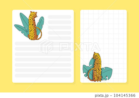 Blank Card with Leopard Animal in Tropical Foliage Vector Template 104145366