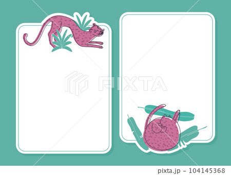 White Empty Frame with Leopard Animal in Tropical Foliage Vector Template 104145368
