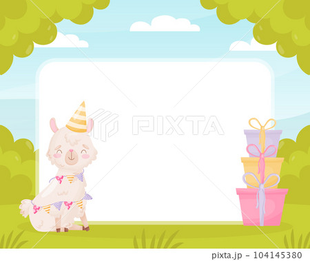 Empty Card with Cute Fluffy Llama or Alpaca Character Vector Template 104145380