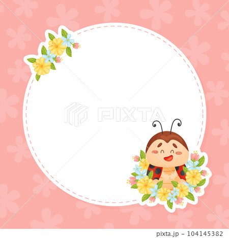 Round Empty Card with Cute Ladybird with Spotted Wings Vector Template 104145382