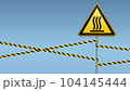 Safety sign. Caution - danger Hot surface. Barrier tape and sign on pole. Celestial background. Vector illustrations. 104145444