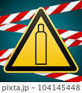 Gas bottle. Attention is dangerous. Warning sign. Barrier tape. Striped red white tape. Safety technology. Yellow triangle with black image. Vector illustrations. 104145448