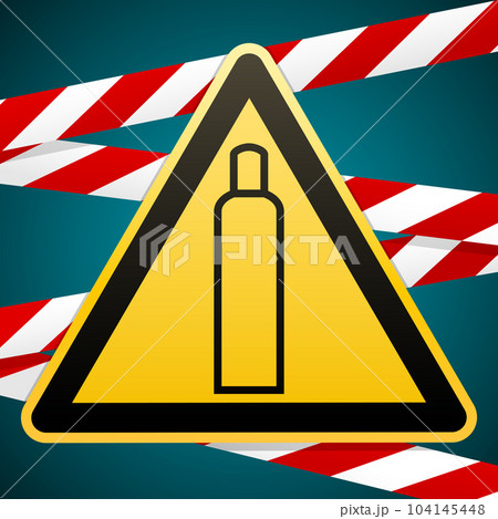 Gas bottle. Attention is dangerous. Warning sign. Barrier tape. Striped red white tape. Safety technology. Yellow triangle with black image. Vector illustrations. 104145448