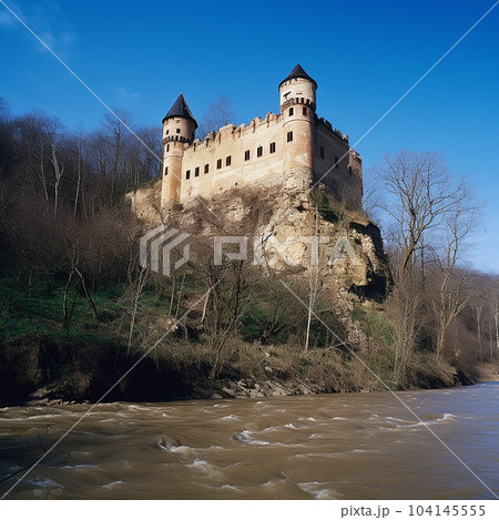 Ancient medieval stone castle with towers on banks of wide river against blue sky, beautiful landscape 104145555