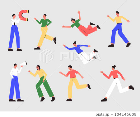 Business Man and Woman Character with Megaphone and Magnet Vector Set 104145609