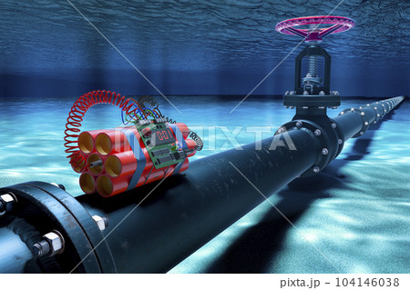 Pipeline lying with bomb on ocean bottom underwater. 3D rendering Pipeline lying with bomb on ocean bottom underwater. 3D rendering 104146038
