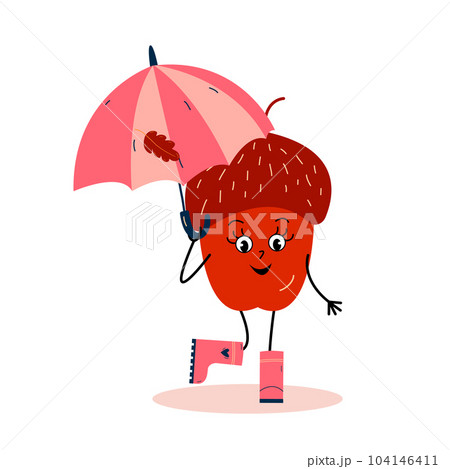 Happy acorn in pink rubber boot with umbrela in hand. Autumn character 104146411
