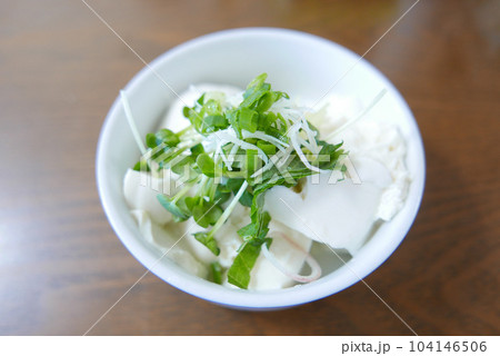 薬味がたっぷりのった美味しそうな豆腐 104146506