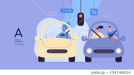 Artificial intelligence, Driving -modern flat vector concept illustration of An artificial intelligence-controlled car. Metaphor of autonomous vehicle, AI superiority and dominance concept 104146614