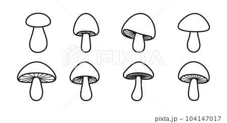 Vector Hand Drawn Cartoon Flat Mushroom Icon Set. Mushroom Illustration, Mushrooms Collection. Magic Mushroom Symbol, Design Template 104147017