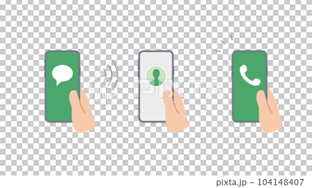 手に持ったスマートフォンに連絡のアイコンのセット 手に持ったスマートフォンに連絡のアイコンのセット 104148407