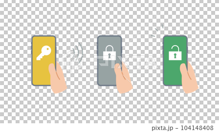 手に持ったスマートフォンに鍵と錠のアイコンのセット 手に持ったスマートフォンに鍵と錠のアイコンのセット 104148408
