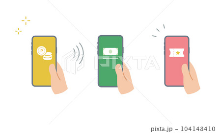 手に持ったスマートフォンにお金、チケットのアイコンのセット 手に持ったスマートフォンにお金、チケットのアイコンのセット 104148410