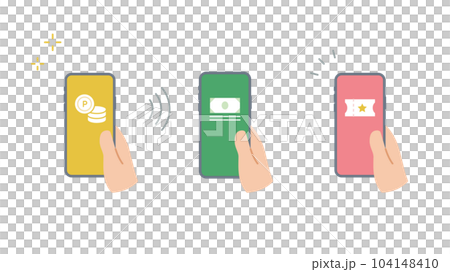 手に持ったスマートフォンにお金、チケットのアイコンのセット 手に持ったスマートフォンにお金、チケットのアイコンのセット 104148410