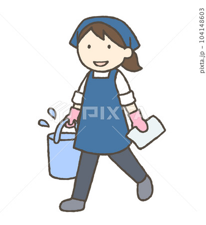バケツと雑巾を持つ女性のイラスト バケツと雑巾を持つ女性のイラスト 104148603