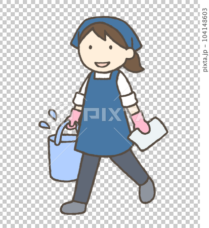 バケツと雑巾を持つ女性のイラスト バケツと雑巾を持つ女性のイラスト 104148603
